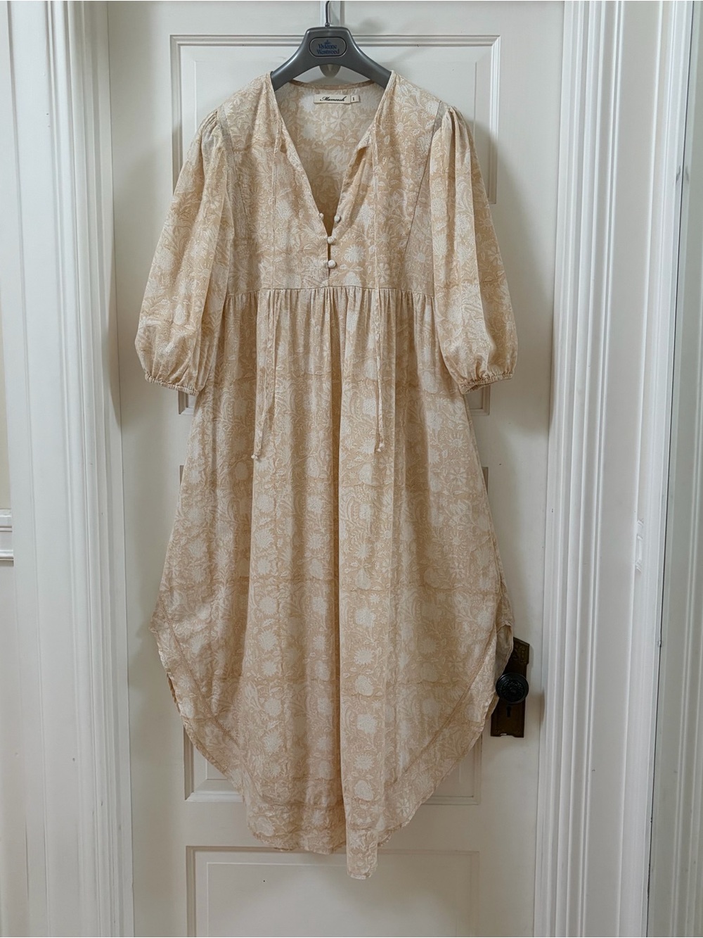 Cream Floral Midi Dress with Puff Sleeves and V-Neck